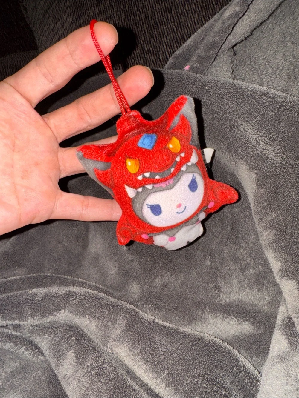 Sanrio Kuromi Plush Keychain in Red, White, Gray and Blue. Collectible ornament!